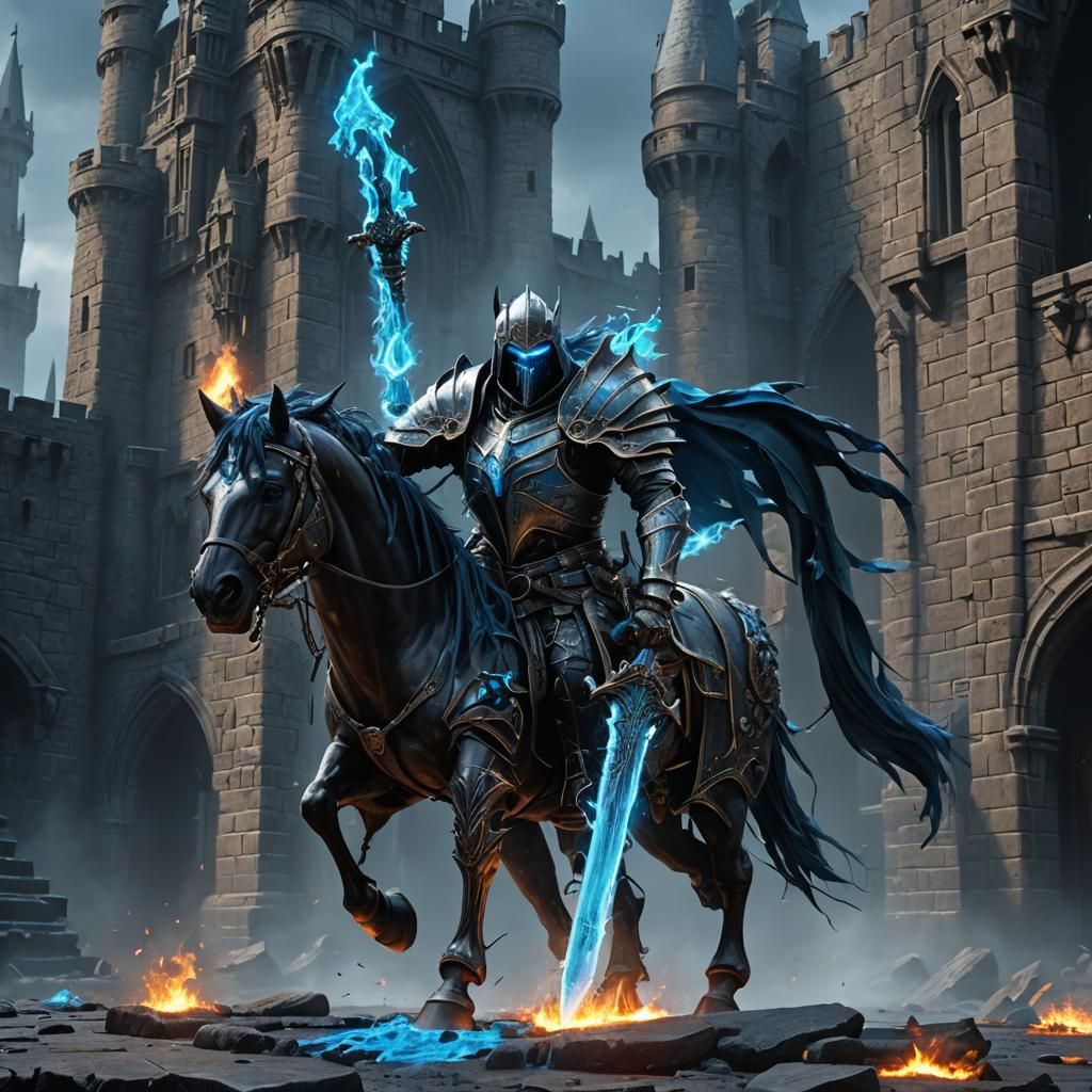 Death Knight on Horse with Blue Fire Sword