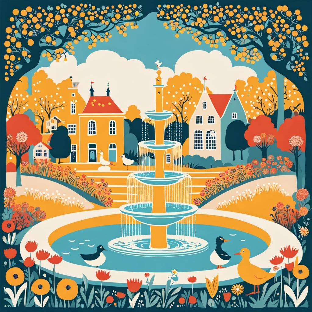 Tove Jansson Style Fountain Illustration