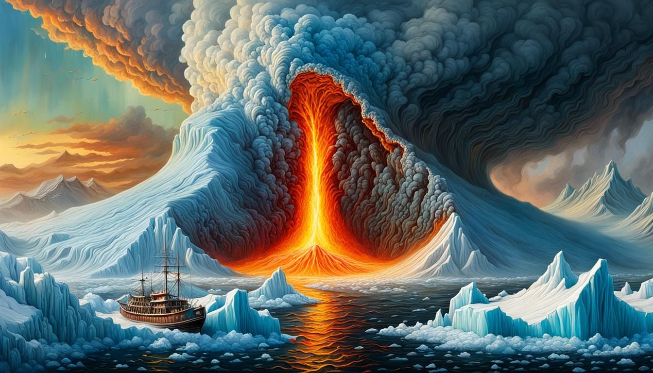 Volcanic Eruption Near Ice Shelf in Digital Art