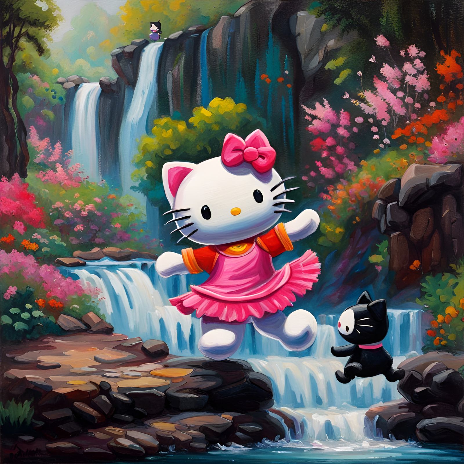 hello kitty and kuromi dancing by a waterfall oil painting by James Gurney 8k painted fabric bright vibrant colorful