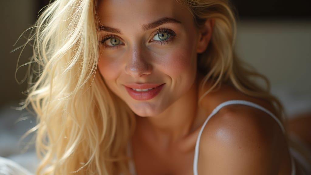 Sumptuous Blonde Woman Beckons with Alluring Smile