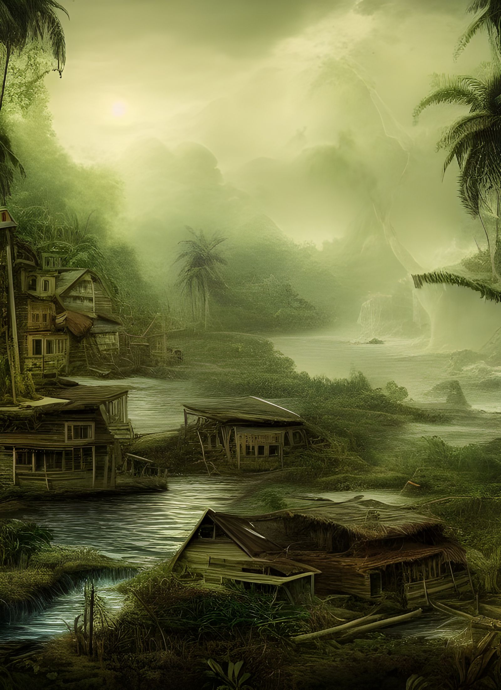 Jungle's Embrace: Abandoned Village Matte Painting