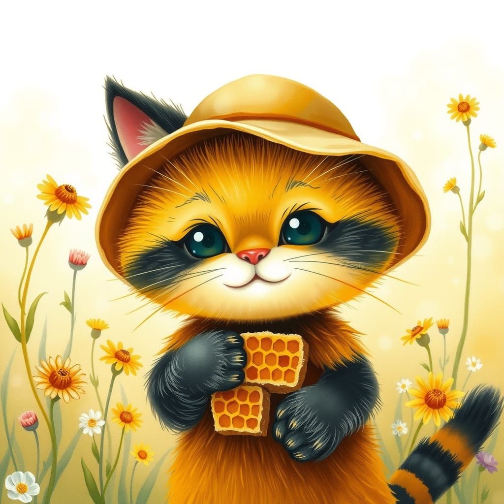 Feline Bee Hybrid in Whimsical Folk-Art Style