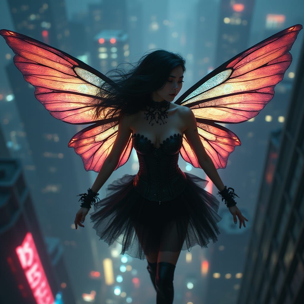 Gothic Fairy Soaring Over Neon City