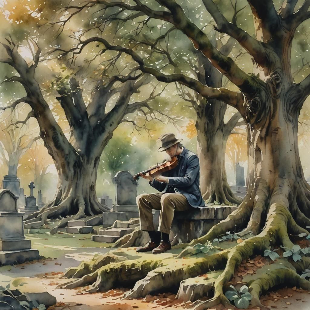 Melancholy Violinist Plays at Grave Under Huge Tree