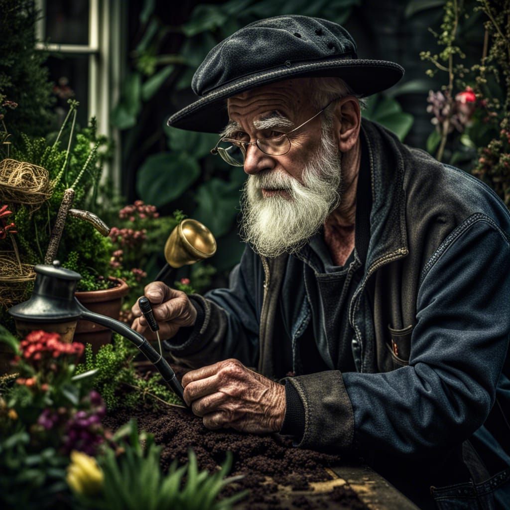 Terry Pratchett as Gardener in Hyperrealistic Style