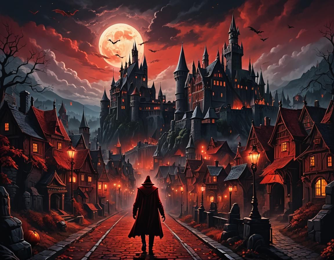 Dracula's Castle at Night in Halloween Art Style
