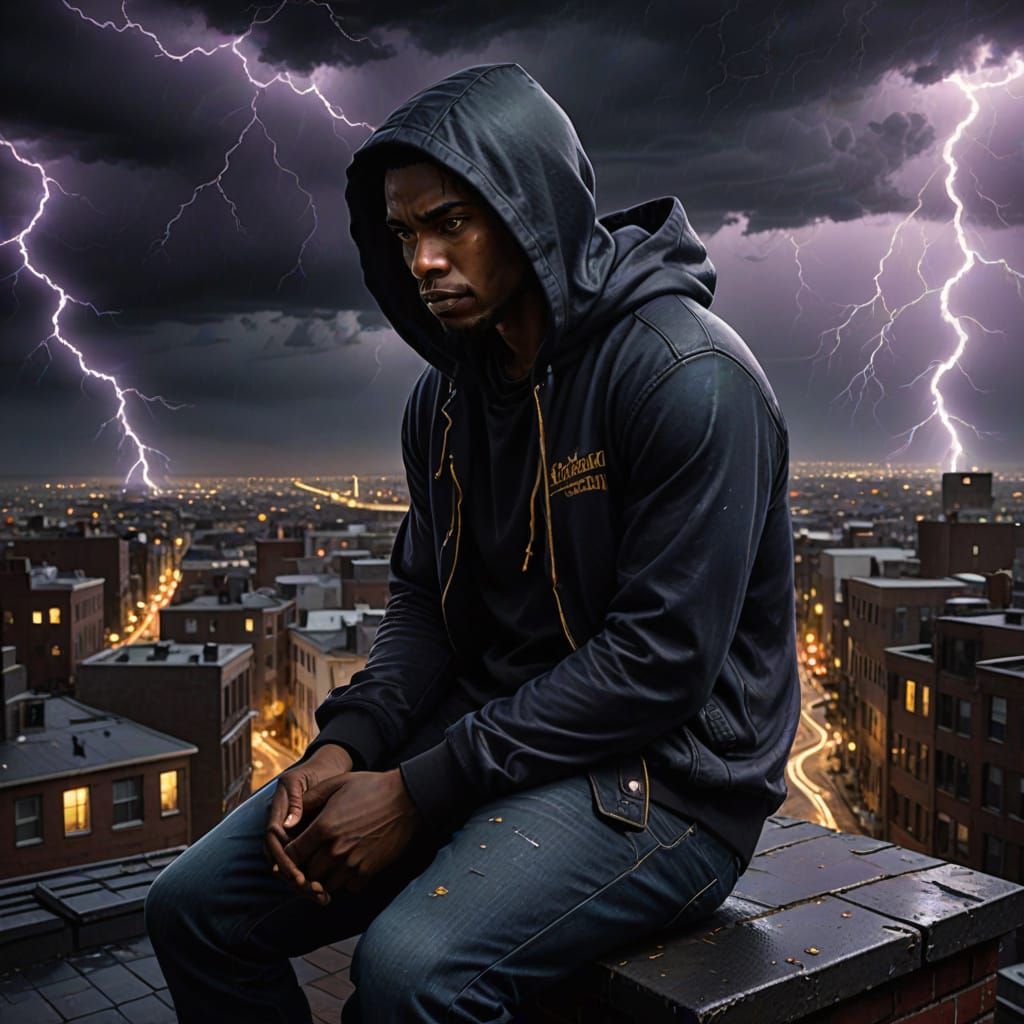 Dark Fantasy Warrior on Rooftop Stormy Night