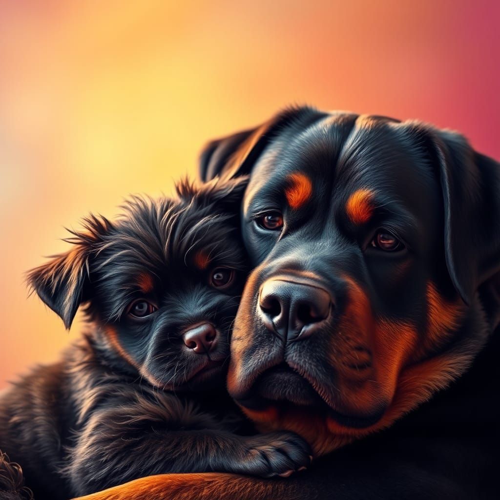 Puppy Affenpinscher and Rottweiler Cuddling in Hyperrealism