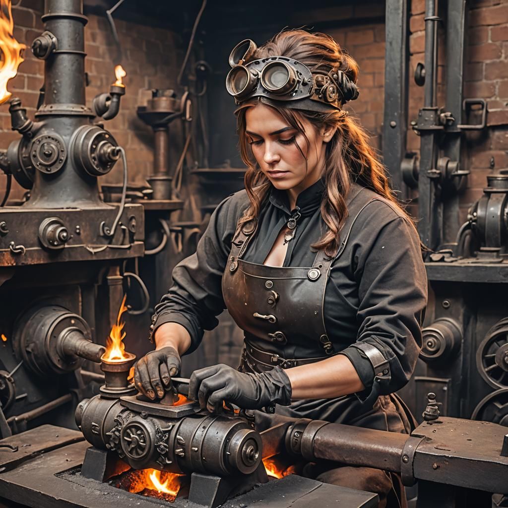 Steampunk Forge: Strong Woman Melts Iron