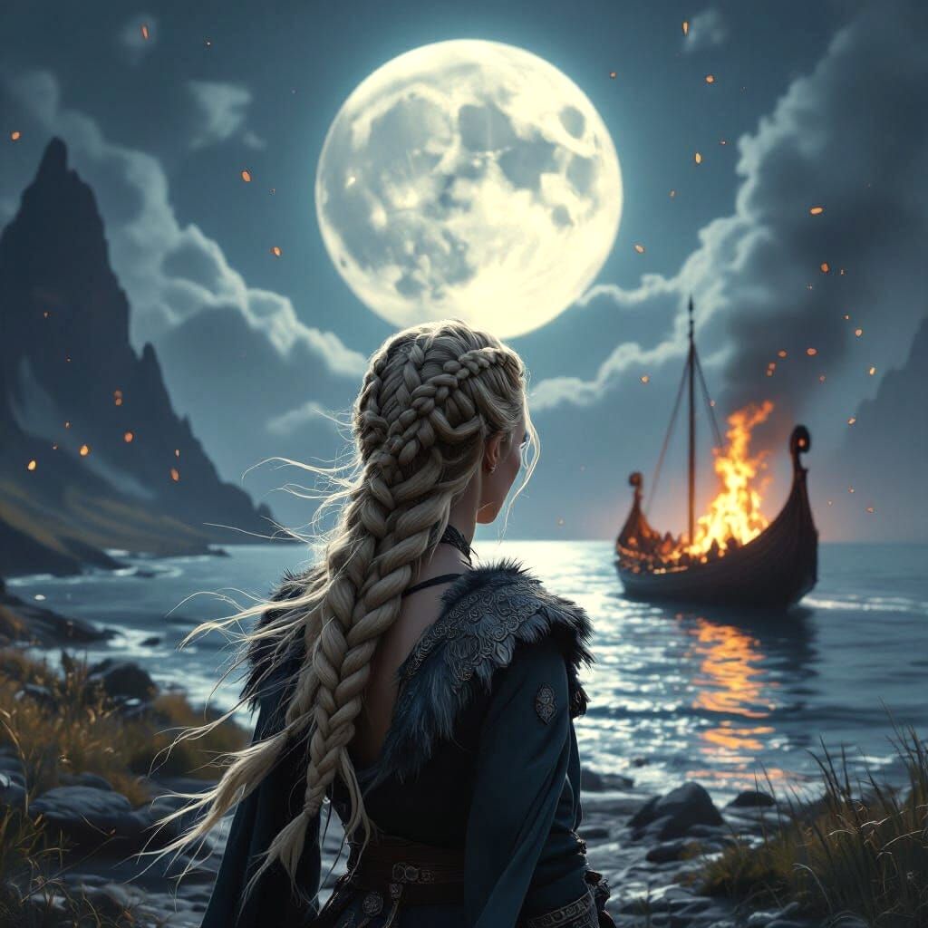 Viking Queen at Funeral Pyre in Moonlit Landscape