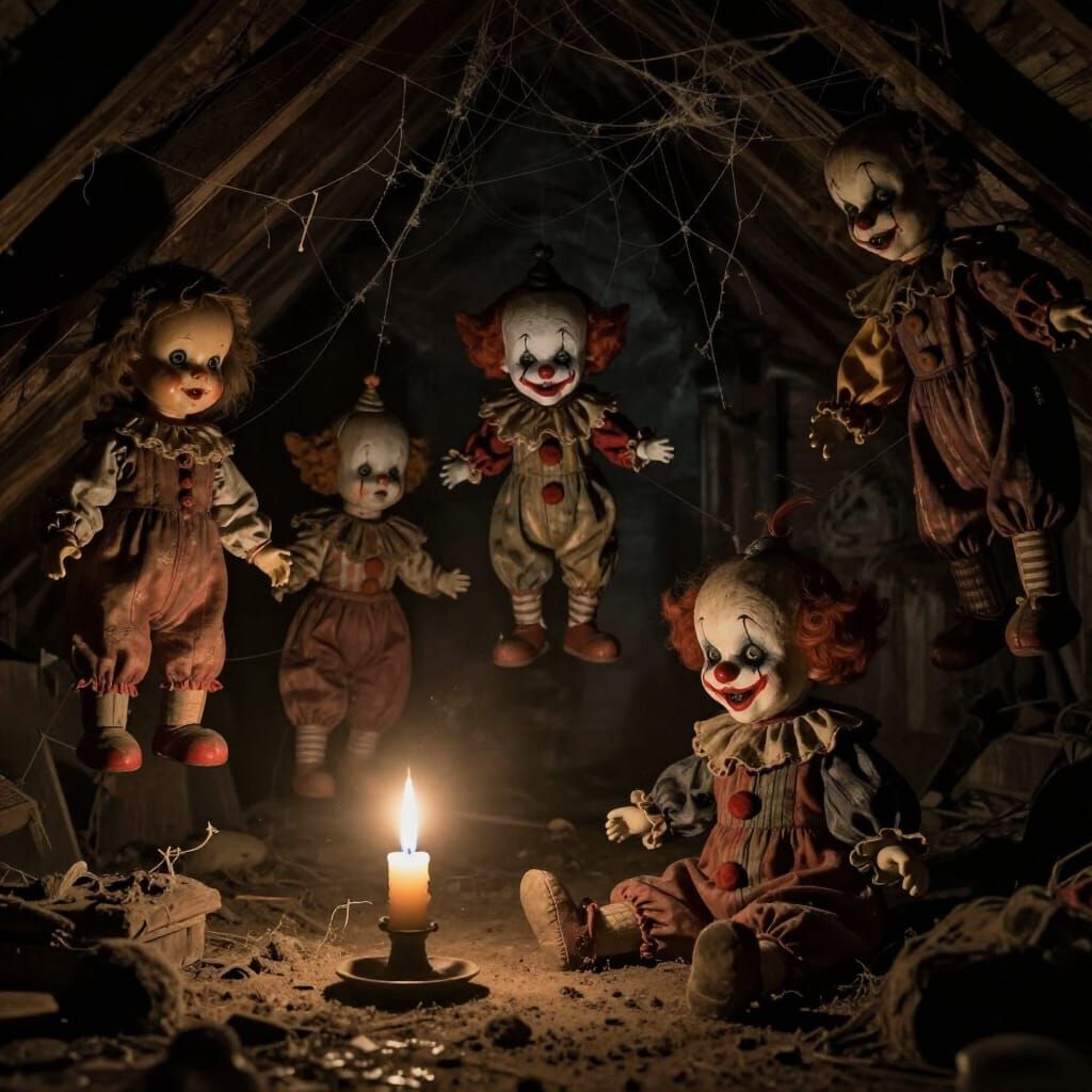 Creepy Attic Dolls and Clowns Float in Candlelight