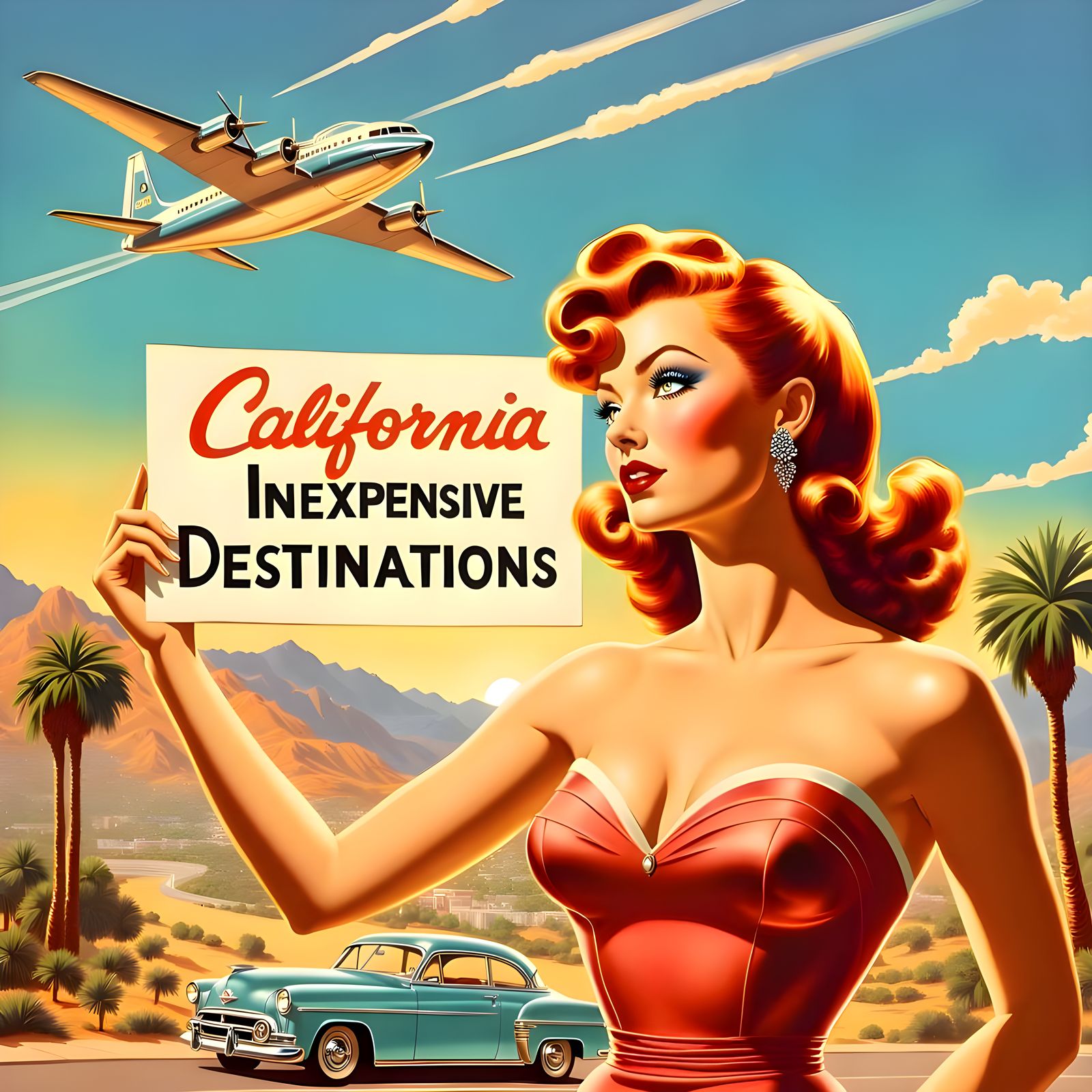 <lora:Pin-up flux:1.0> A beautiful 1950s  vintage poster with an airplane in retro style colors with a right side profil...
