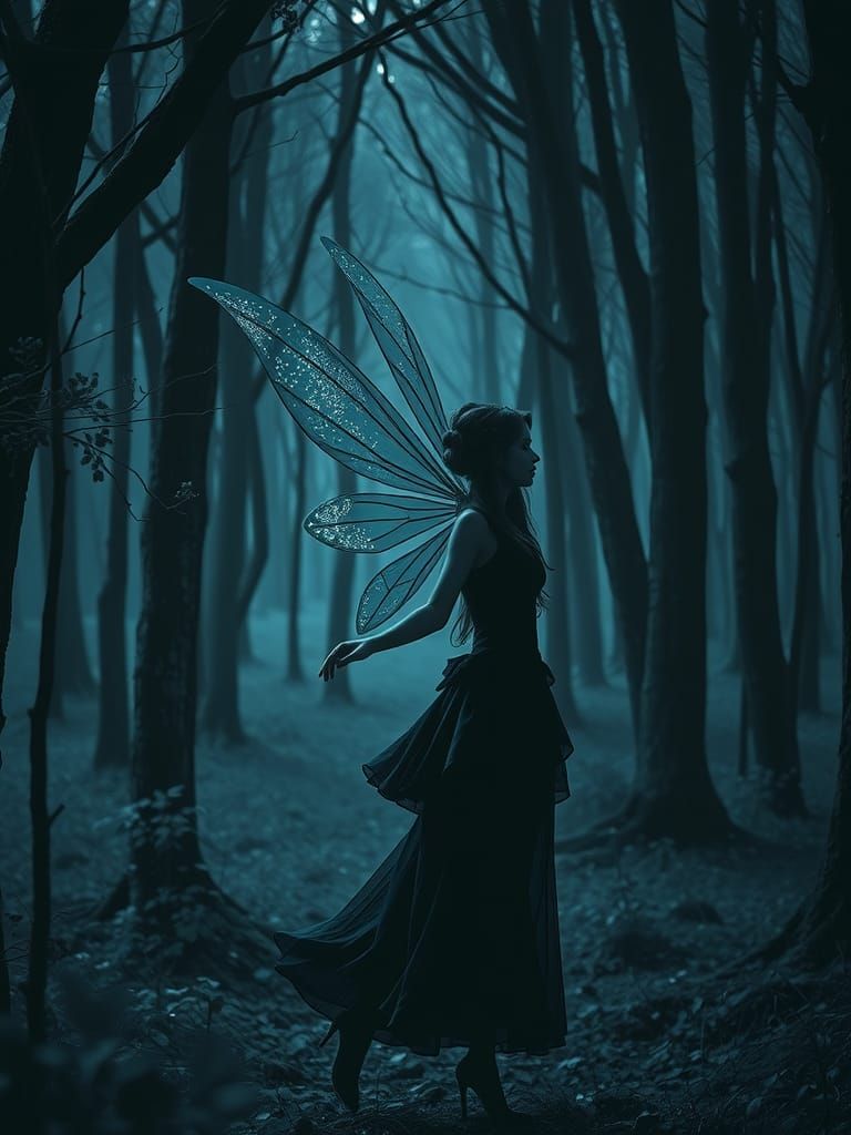 Dark Fairy in Enchanted Night Forest