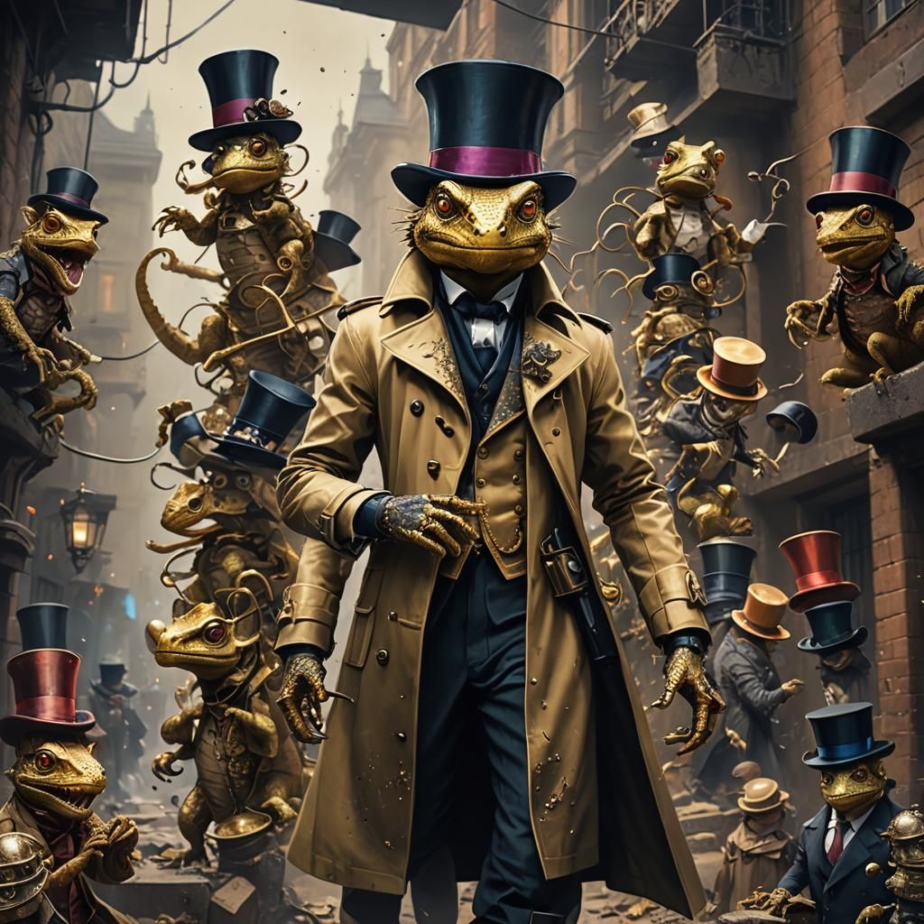 Golden Lizard Person in Hats, Fantasy Art