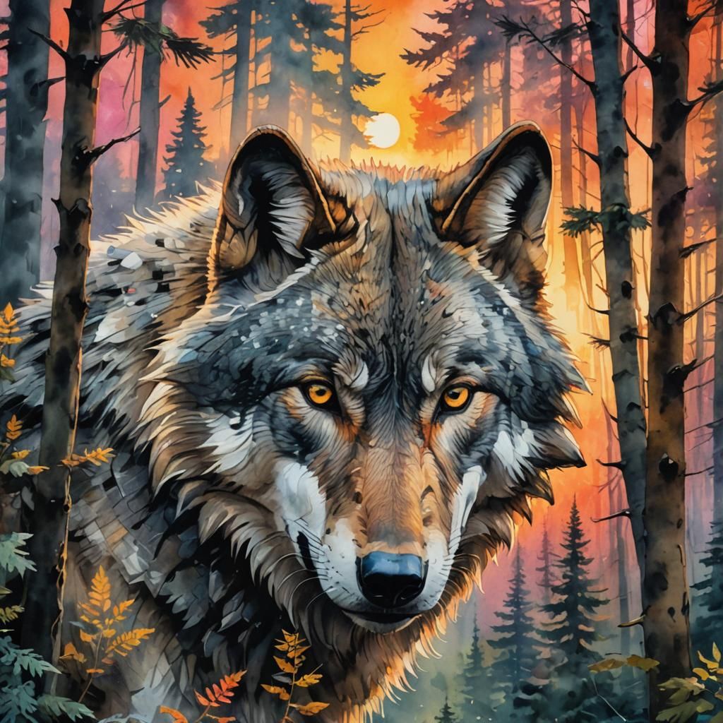 Wolf Double Exposure Watercolor Art