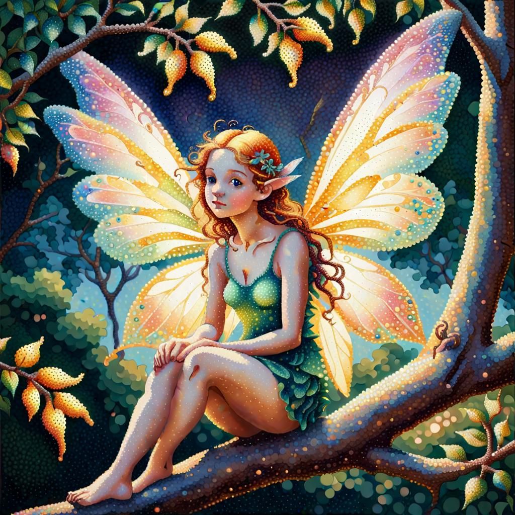 Pointillism. A fairy sitting on a tree branch