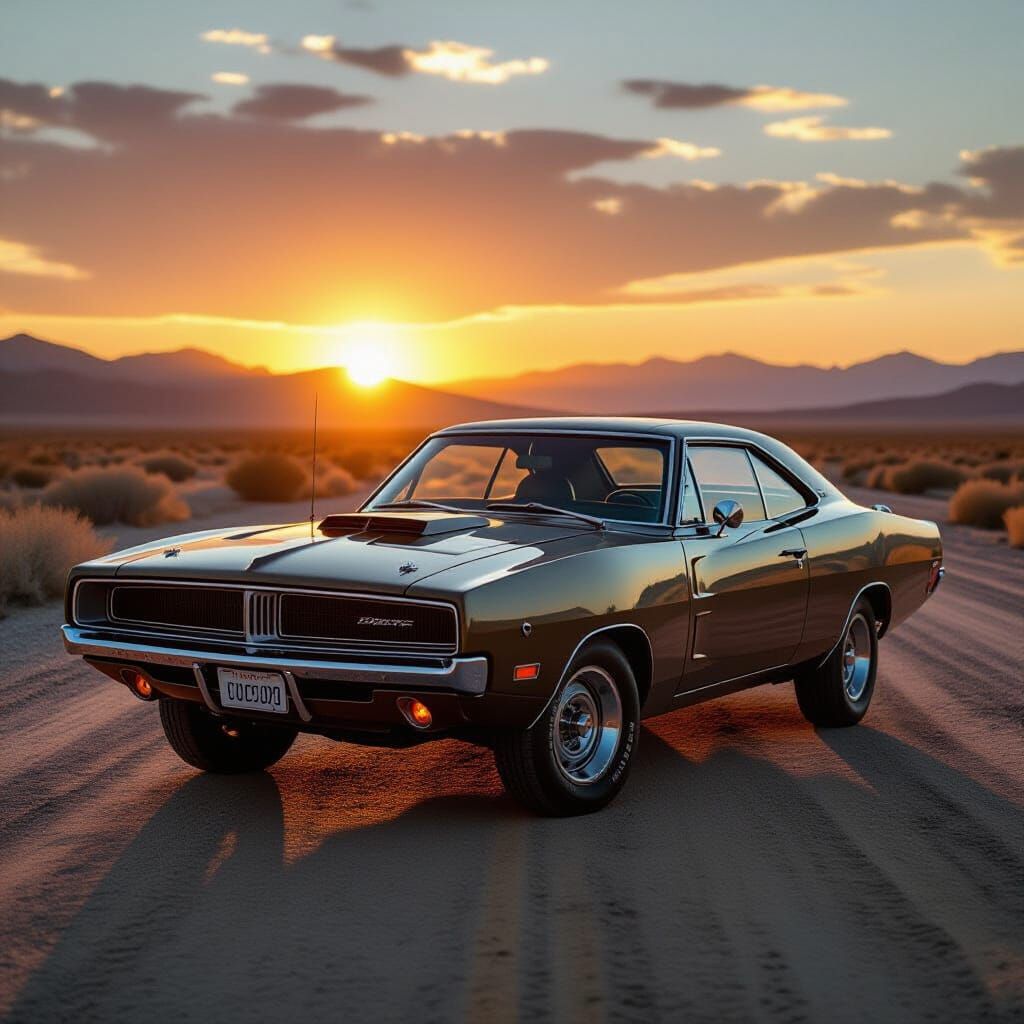 Weathered 1969 Dodge Charger on Route 66 at Sunset