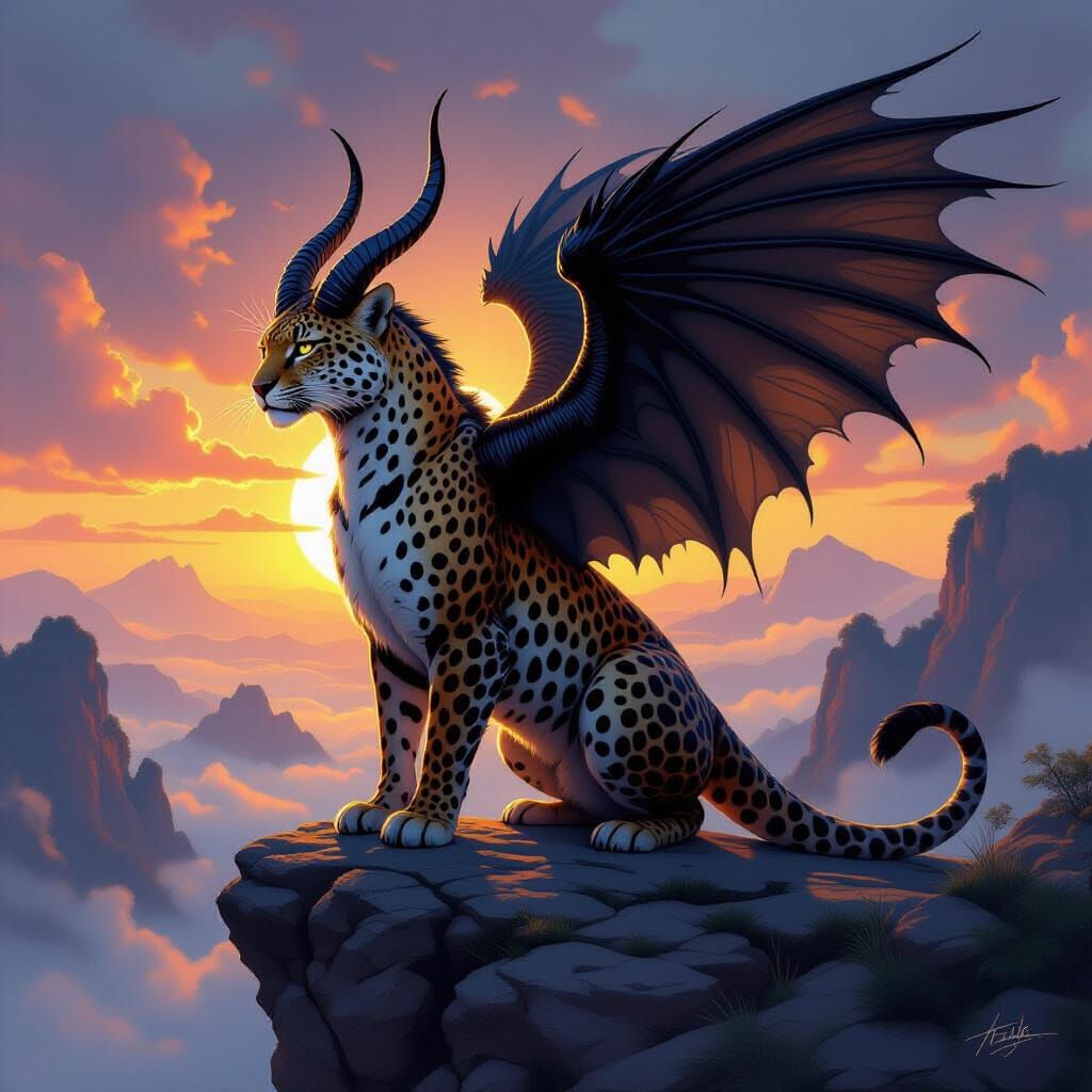 Leopard Dragon with Feathered Wings at Dawn