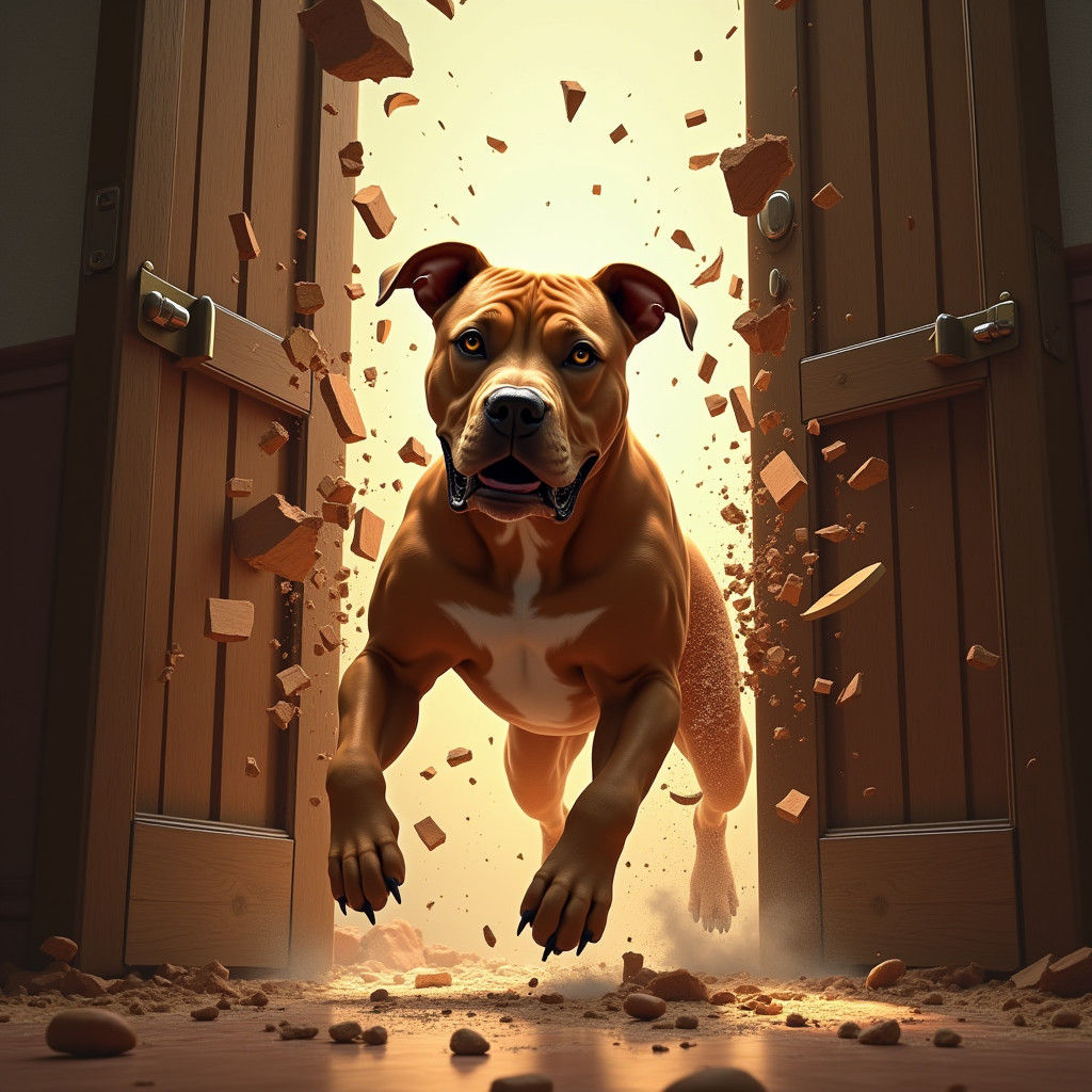 Pitbull Breaks Through Gate: Hyper-Realistic Matte Painting