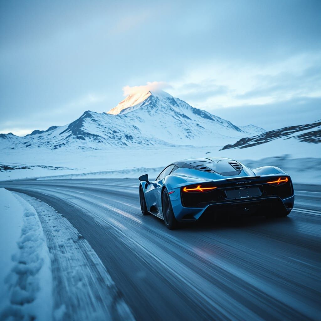 Blue Hypercar on Snowy Road: Cinematic Film Still