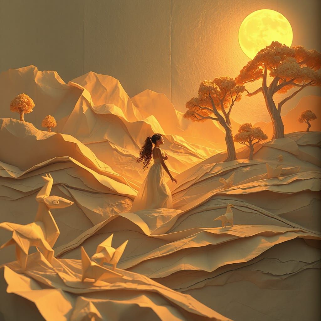 Whimsical Paper Art World with Delicate Woman