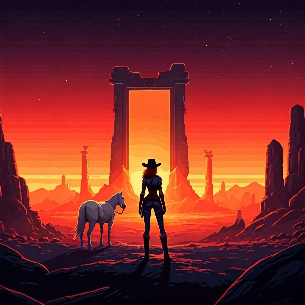 Cosmic Cowgirl on Alien Planet at Sunset