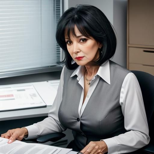 Professional Woman in Gray Suit at Office Desk