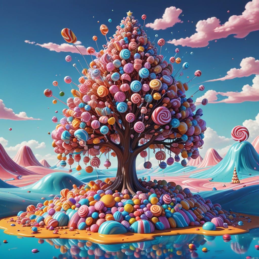 Whimsical Candyland Tree in Hyperrealistic Digital Art