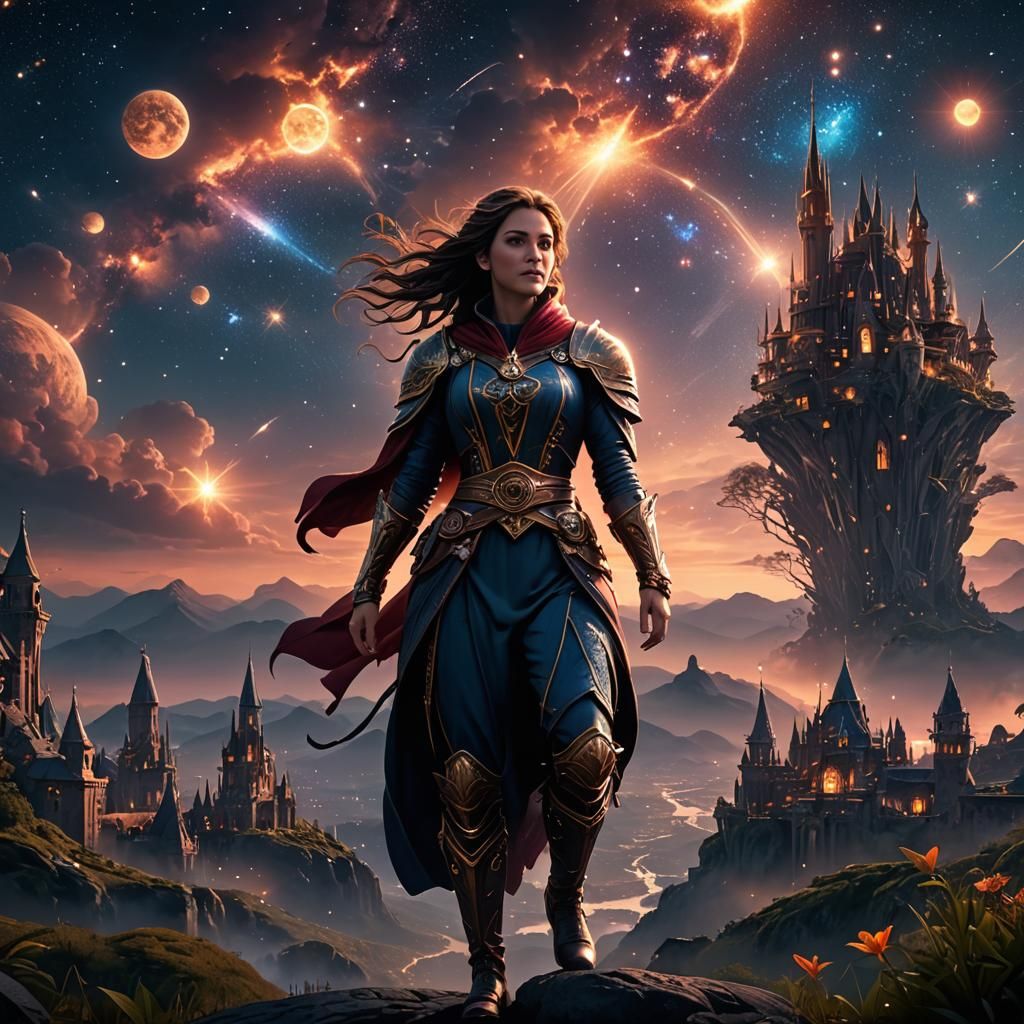 Celestial Goddess Strolls Beneath Starlight in Epic Fantasy....