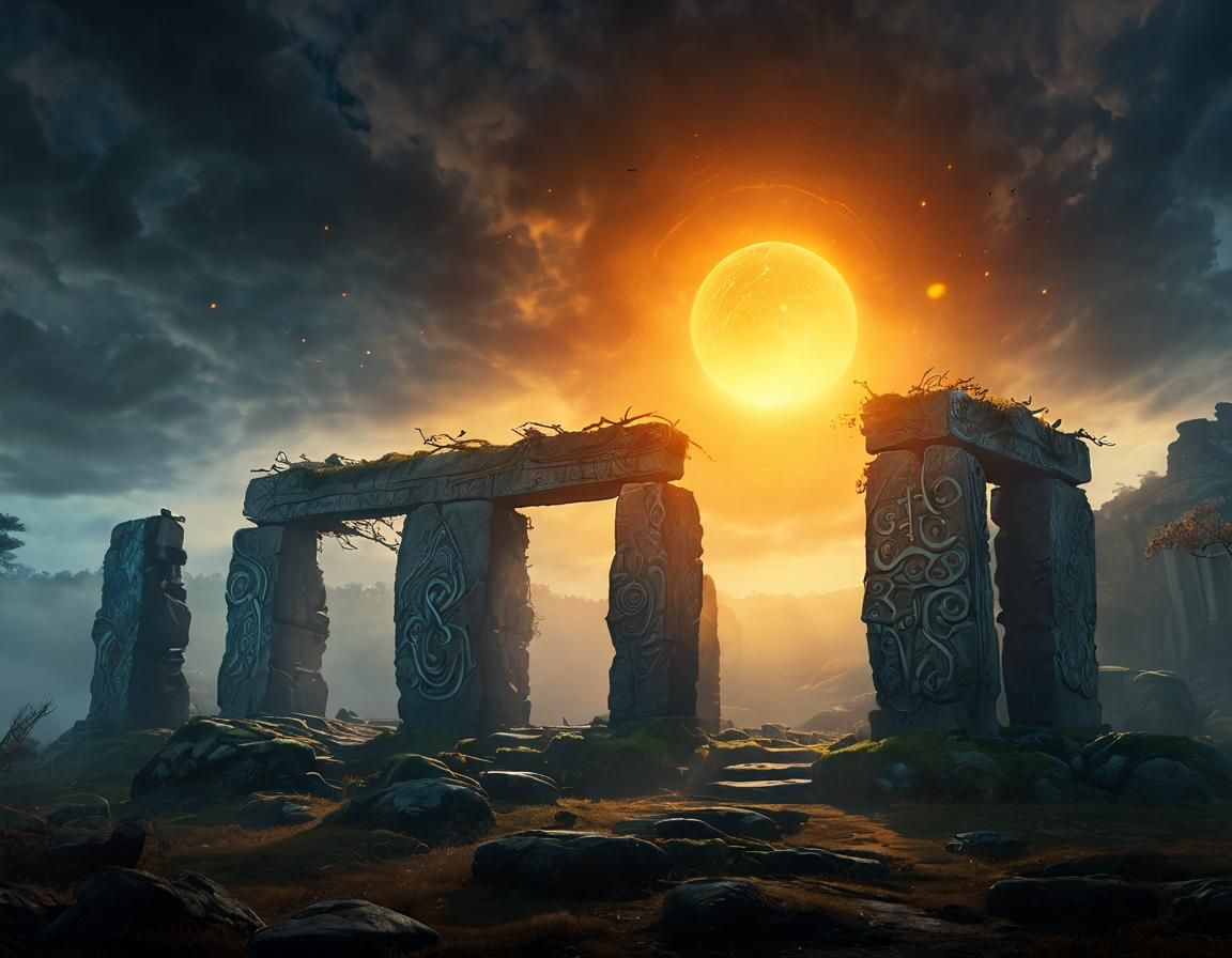 Mystical Glowing Stone Structure in Fog, Fantasy Art