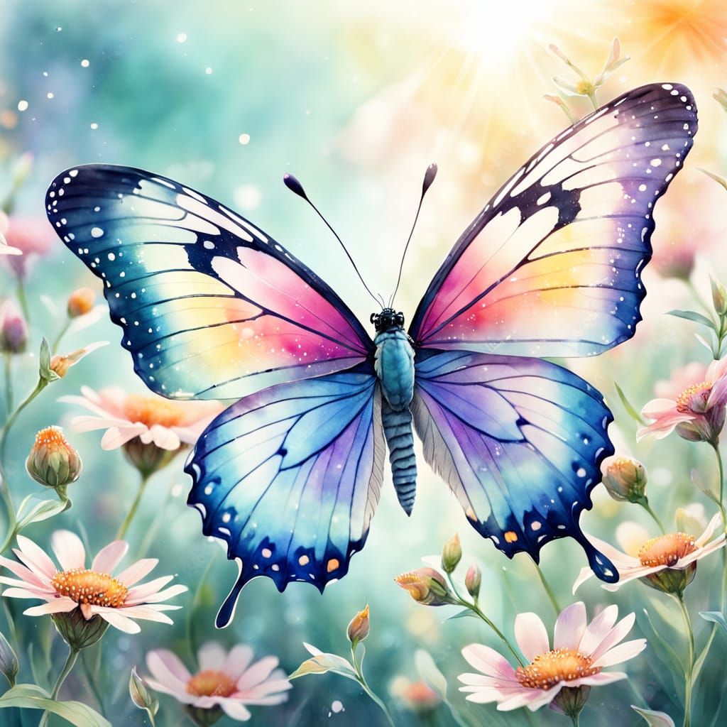 Whimsical Butterfly on Flowers in Watercolor Style
