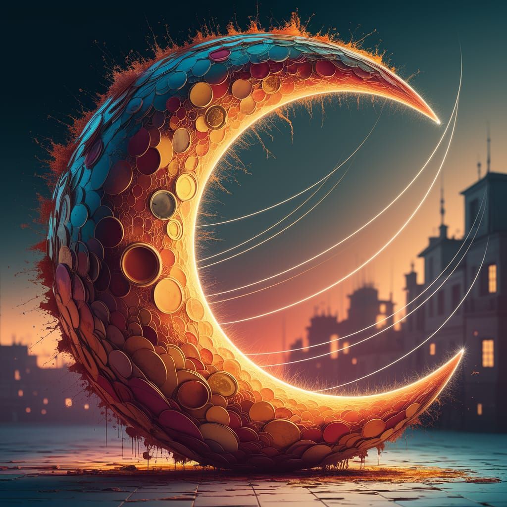 Graffiti Crescent Moon in Twilight Cityscape