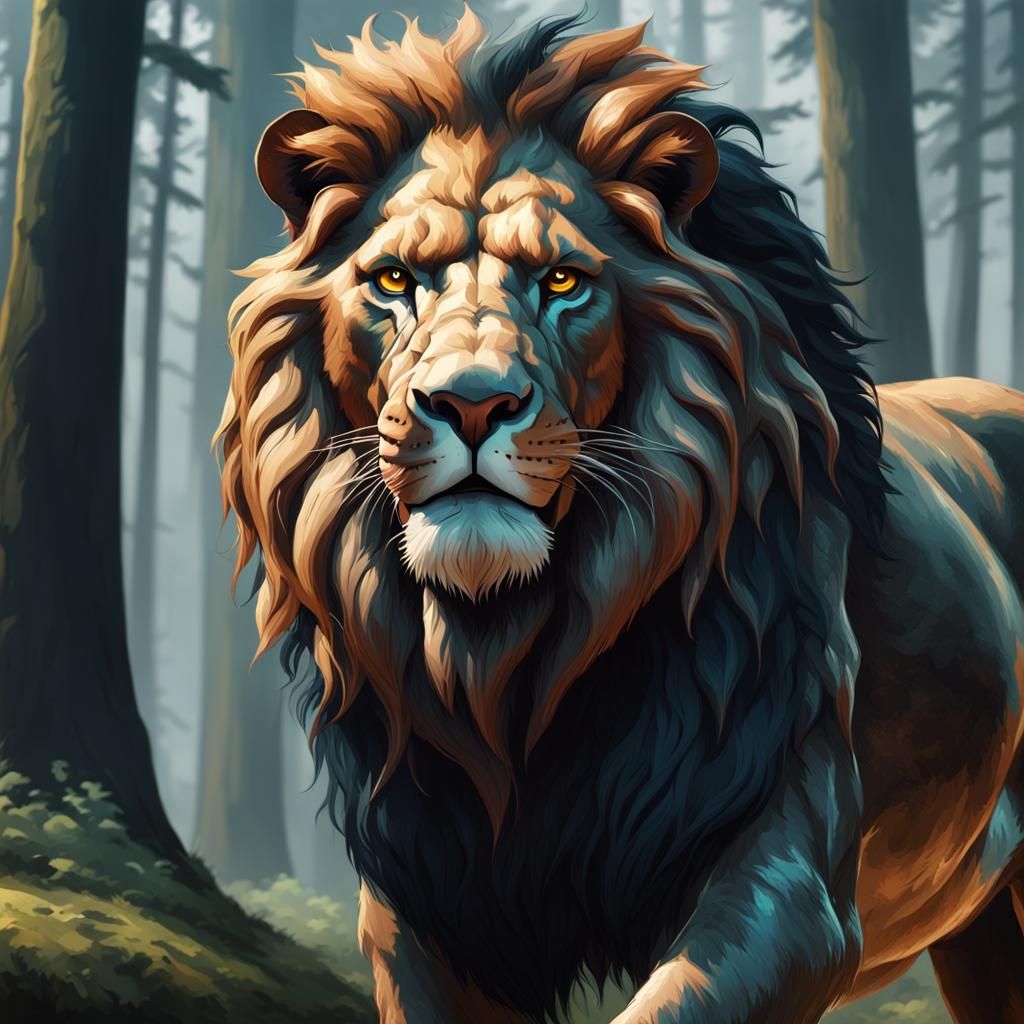 Lion Attack Portrait in Hyperdetailed Dark Forest