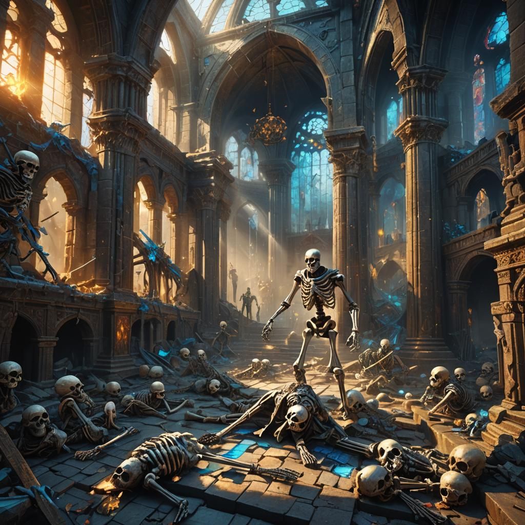 Undead Skeletons Clash in Ruined Temple: Dark Fantasy Art