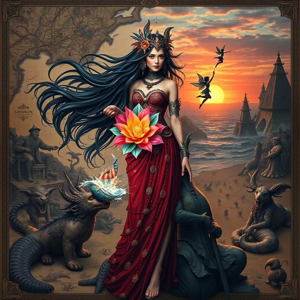 Surreal Squarepants Woman in Mythical Landscape