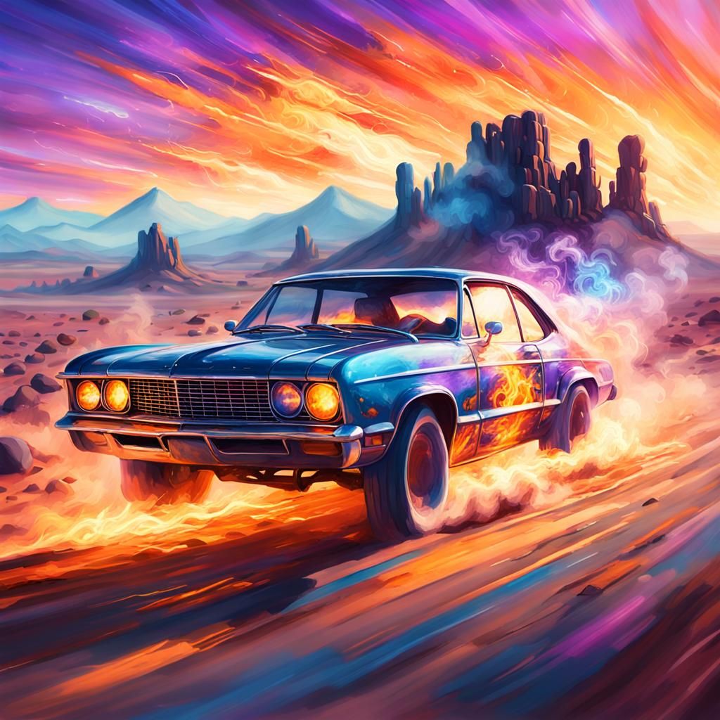 Smoking Car in Fantasy Desert Landscape, Digital Art