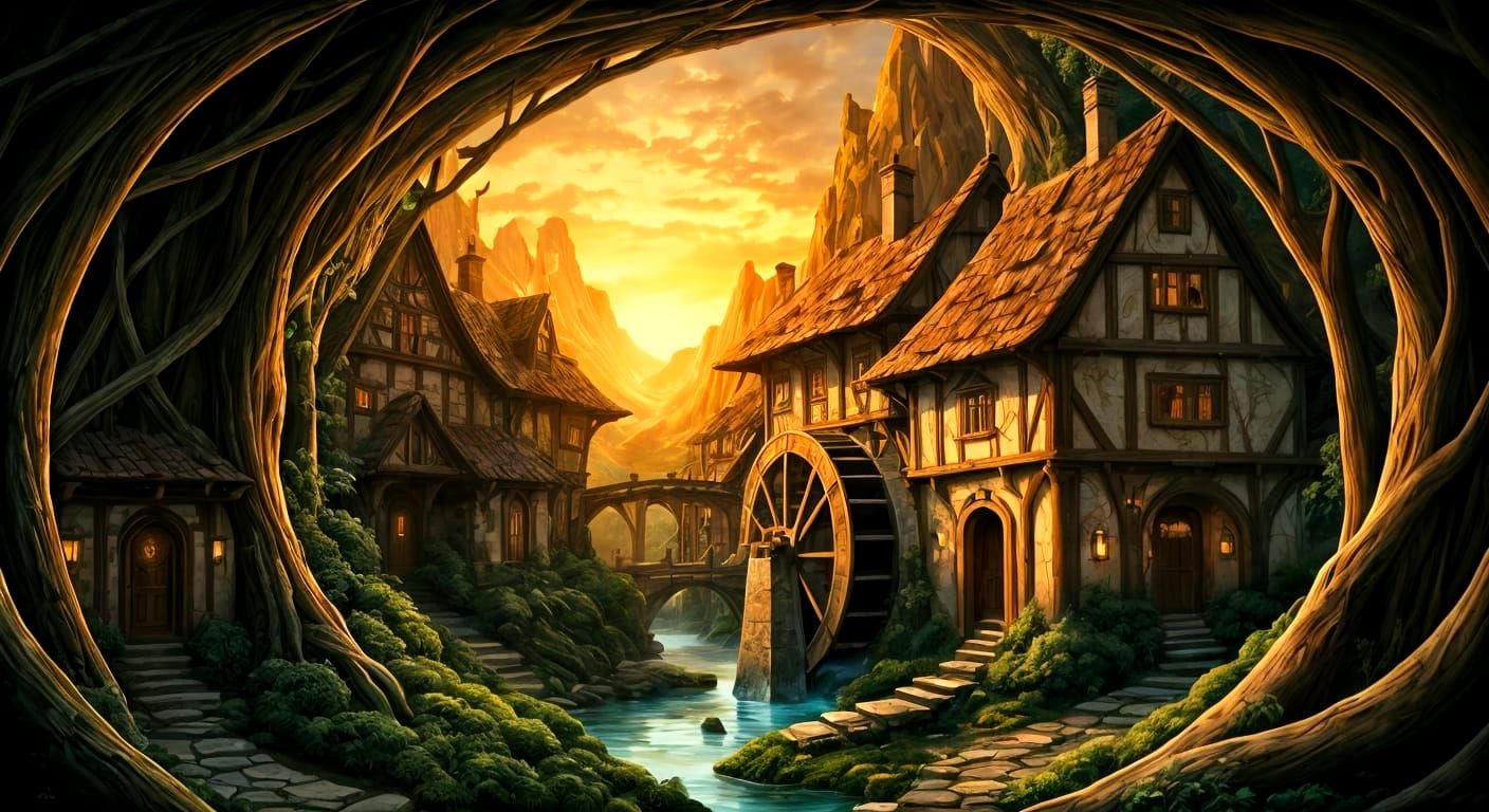 Waterwheel in the heart of a cozy fantasy-village