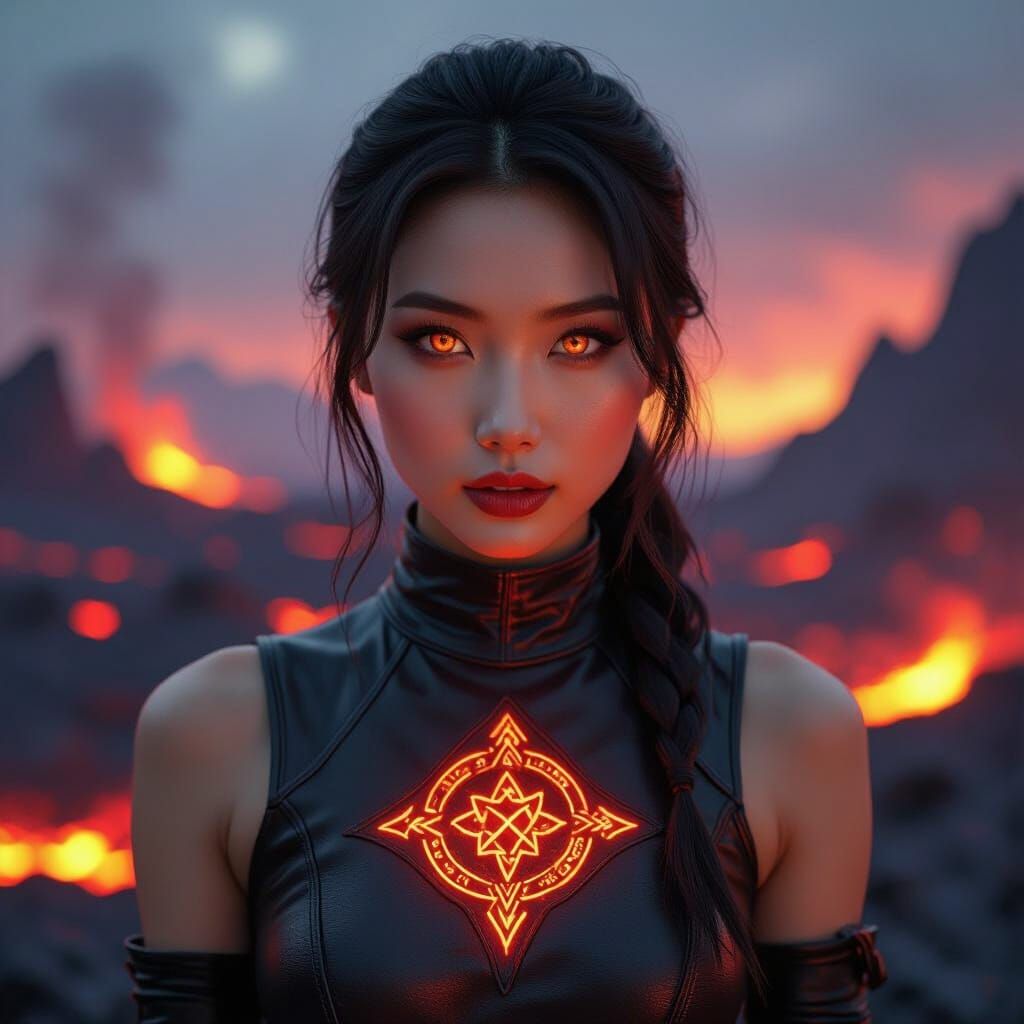 Ember Eyes: Asian Woman in Volcanic Landscape