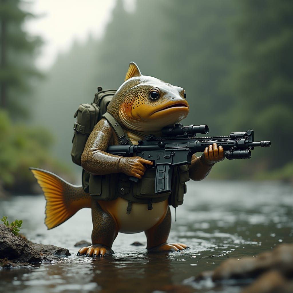 Surreal Cyberpunk Trout Wields Futuristic Rifle