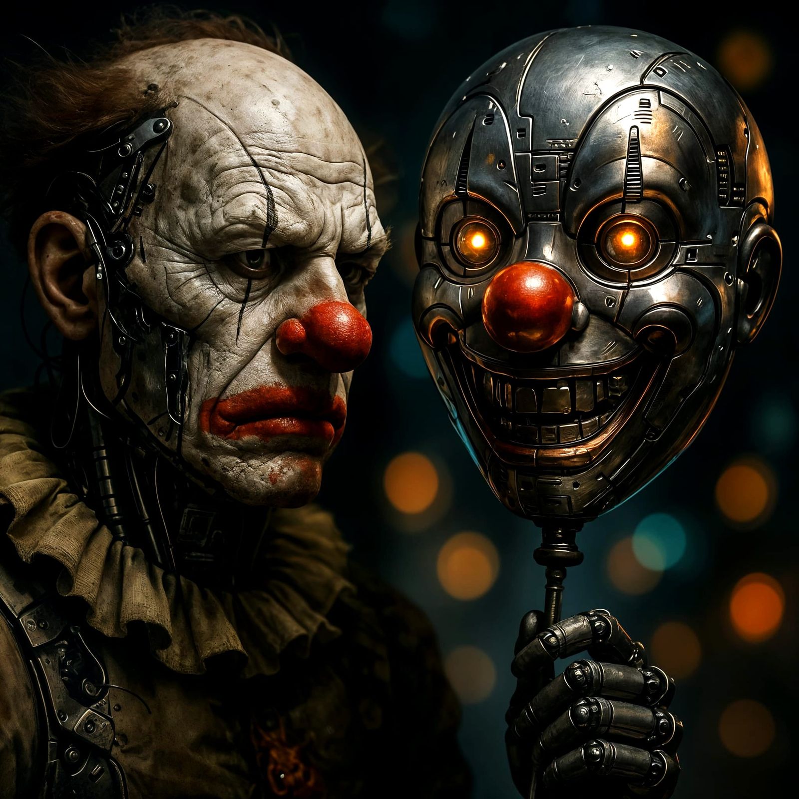 Hyperrealistic Cyberpunk Clown with Metallic Balloon