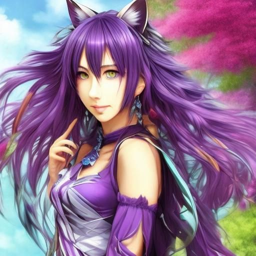 Anime Style Cat Girl with Purple and Blue Fur
