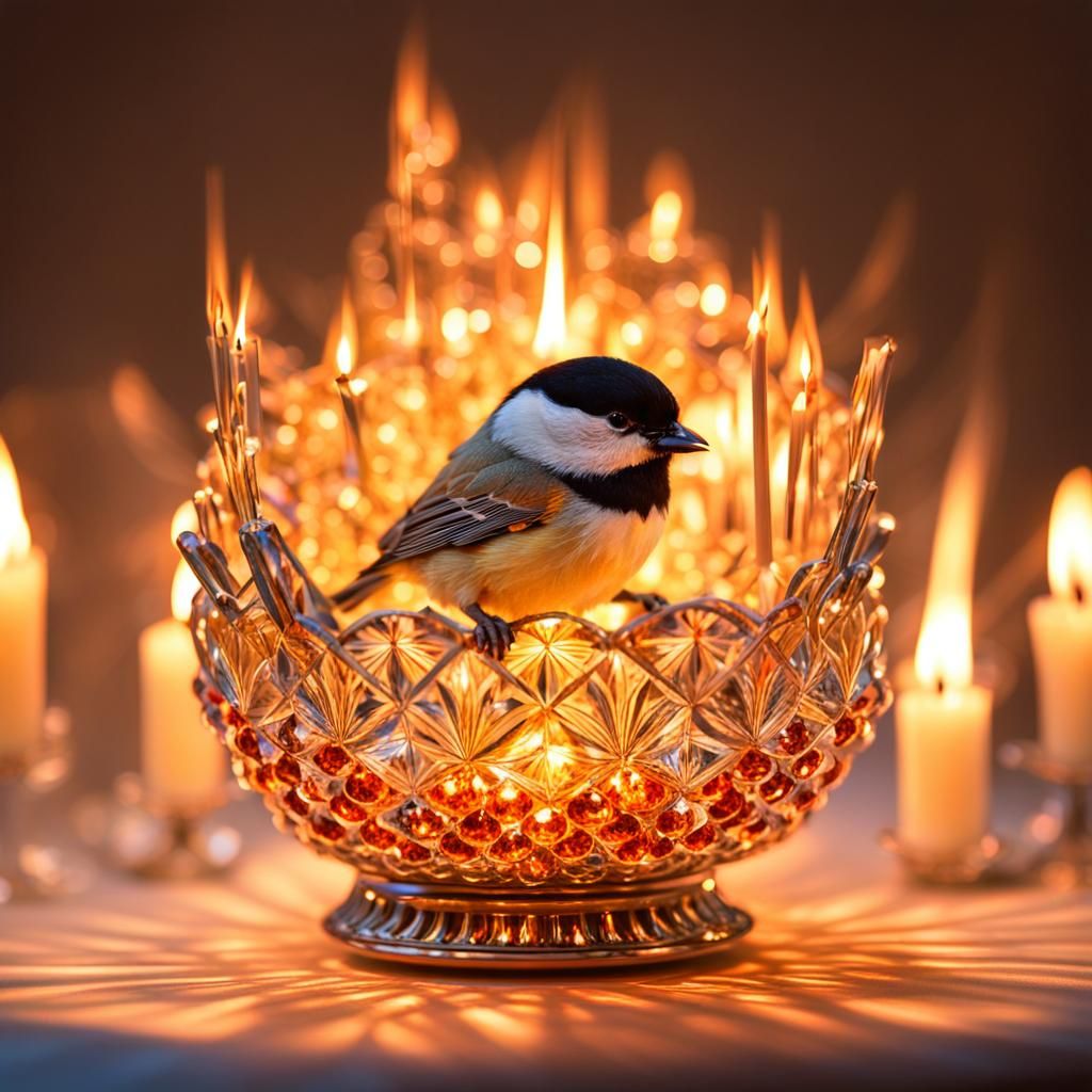 Chickadee and Candle Flames in Crystal Holder