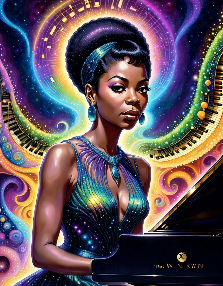 Nina Simone Portrait in Kinetic Pointillism Style