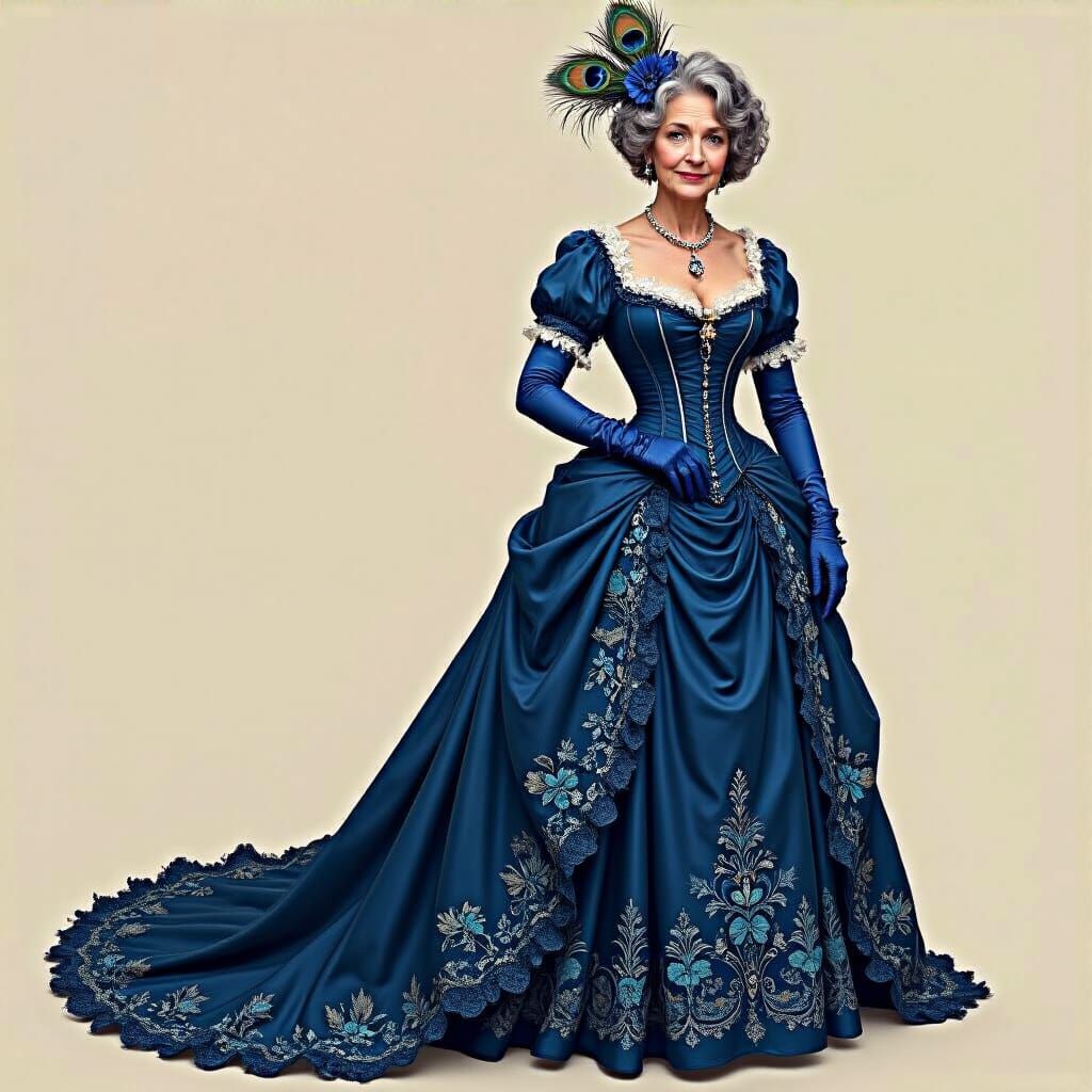 Victorian Woman in Sapphire Gown, Art Nouveau Style