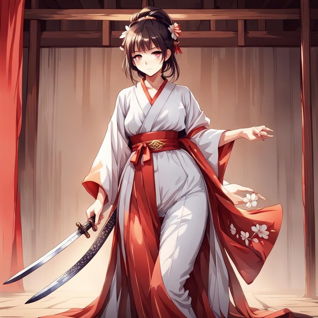 Graceful Anime Woman with Swords in Kimono