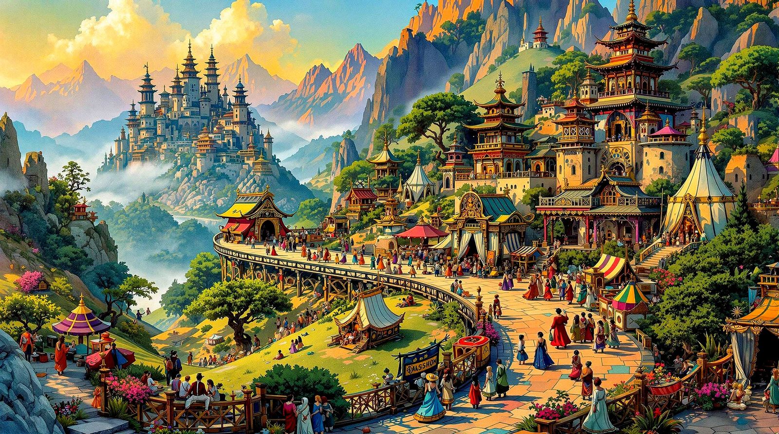 Vibrant Caravan City in Lush Fantasy Landscape