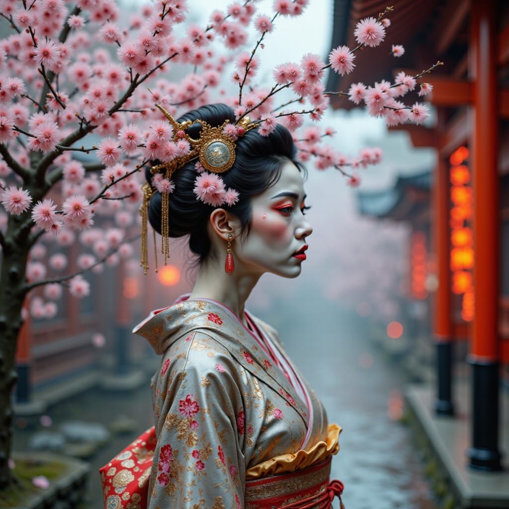 Cybernetic Geisha Under Holographic Cherry Blossoms