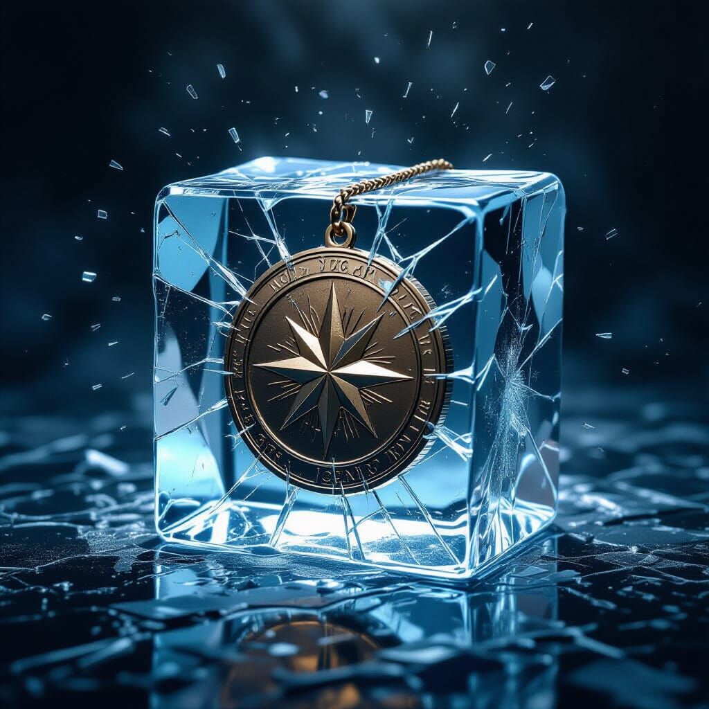 Medal Shattered in Ice Cube with Dark Fantasy Art Style