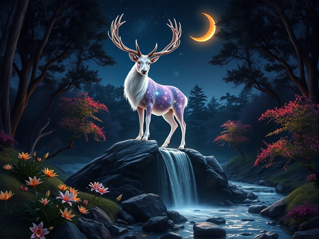 Glowing Stag in Enchanted Forest, Surrealist Painting